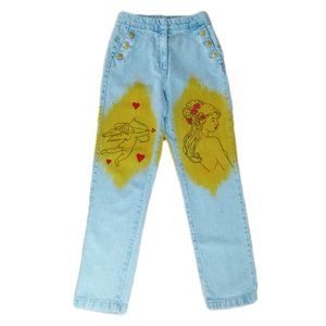 Womens Hand Painted Love Story Jeans High Waisted NEW